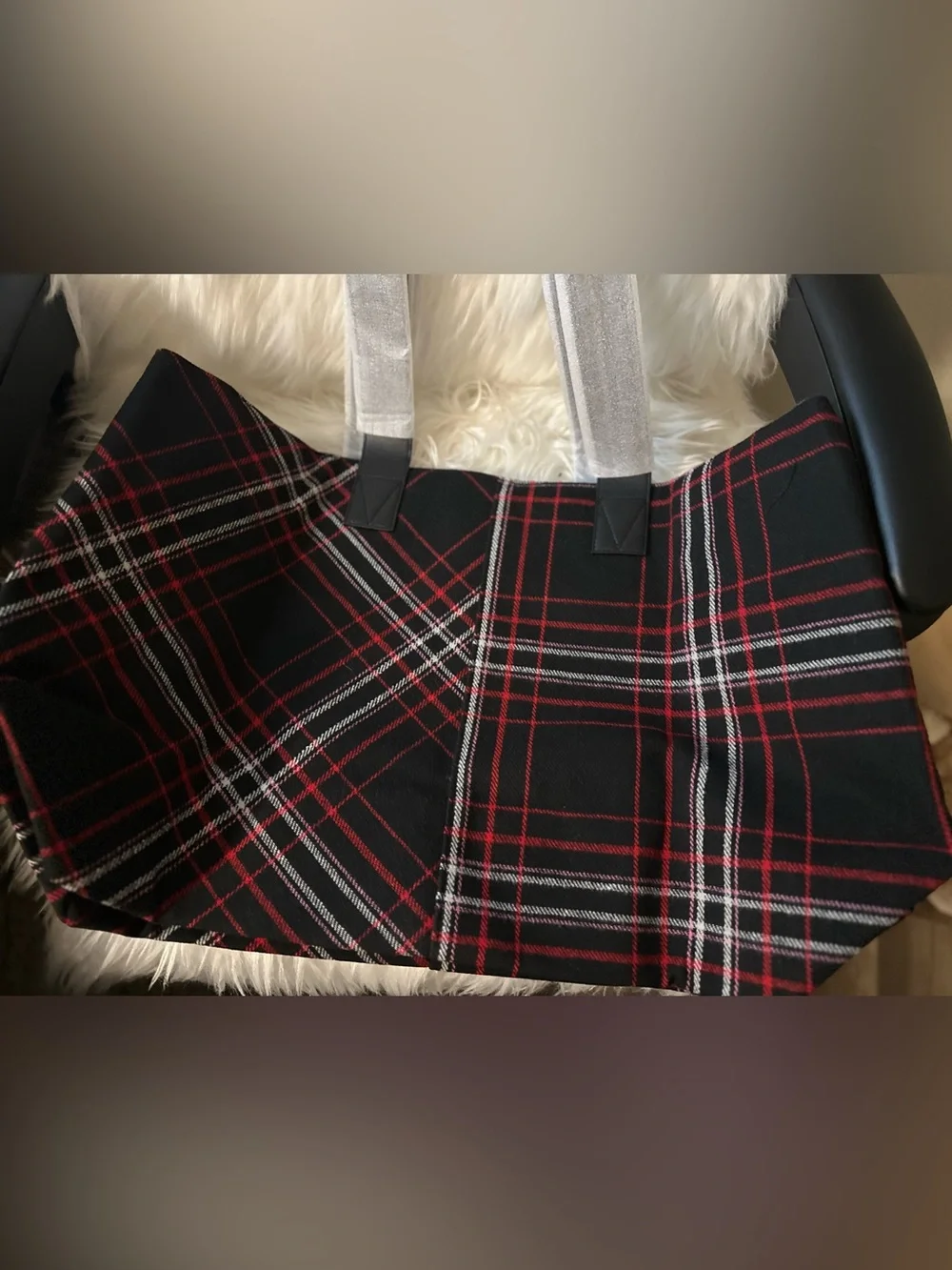 Victoria's Secret Black Plaid Tote with Red and White Trim